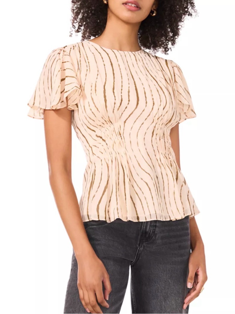 Parker Trixie Peach Pink Top with Brown Wave Stripes and Flutter Sleeves